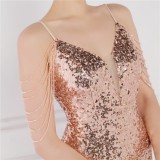Women Summer Gold Modest Strap Sleeveless Solid Sequined Mini Straight Club Dress
