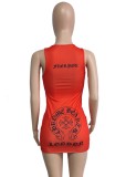 Women Summer Orange Casual Strap Sleeveless Printed Ribbed Mini Straight Tank Dress
