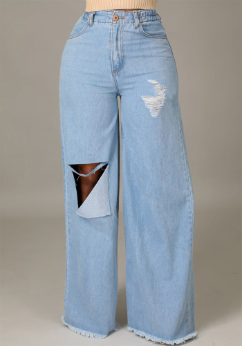 Pantalones de pierna ancha azul de otoño para mujer, pantalones vaqueros holgados de longitud completa con cintura elástica y cintura alta