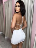 Women Summer White Sexy Halter Sleeveless Solid Lace Up Mini Straight Club Dress