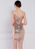 Women Summer Gold Modest Strap Sleeveless Solid Sequined Mini Straight Club Dress