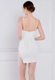 Women Summer White Formal V-neck Sleeveless Solid Fringed Mini Straight Club Dress