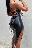 Women Summer Black Sexy Halter Sleeveless Solid PU Leather Slit Midi Straight Club Dress