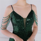 Women Summer Green Modest Strap Sleeveless Solid Sequined Mini Straight Club Dress
