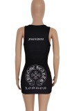 Women Summer Black Casual Strap Sleeveless Printed Ribbed Mini Straight Tank Dress
