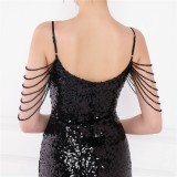 Women Summer Black Modest Strap Sleeveless Solid Sequined Mini Straight Club Dress