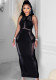 Women Summer Black Modest O-Neck Sleeveless Patchwork Hollow Out Maxi Dress