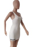 Women Summer White Casual Strap Sleeveless Printed Ribbed Mini Straight Tank Dress