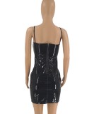 Women Summer Black Streetwear Strap Sleeveless Solid PU Leather Hole Mini Straight Club Dress