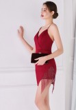 Women Summer Red Formal V-neck Sleeveless Solid Fringed Mini Straight Club Dress