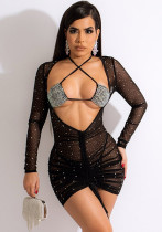 Frauen Sommer Schwarz Sexy Halfter Volle Ärmel Feste Diamanten Mini Etuikleid