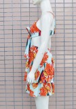 Women Summer Blue Romantic V-neck Sleeveless Floral Print Cascading Ruffle Mini Skater Dress