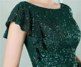 Women Summer Green Modest O-Neck Short Sleeves Solid Cascading Ruffle Mini Pencil Club Dress