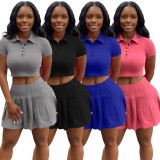 Women Summer Blue Casual Turn-down Collar Short Sleeves High Waist Solid Button Regular MiniTwo Piece Skirt Set