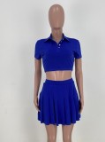 Women Summer Blue Casual Turn-down Collar Short Sleeves High Waist Solid Button Regular MiniTwo Piece Skirt Set