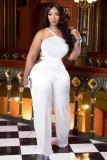 Women Summer White Modest Slash Neck Sleeveless Solid Hollow Out Full Length Loose Plus Size Jumpsuit