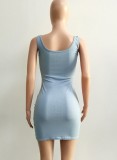 Women Summer Blue Casual Strap Sleeveless Solid color Mini Bodycon Dress
