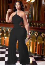 Women Summer Black Modest Slash Neck Sleeveless Solid Hollow Out Full Length Loose Plus Size Jumpsuit