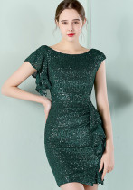 女性サマーグリーン控えめなOネック半袖ソリッドカスケードフリルミニペンシルクラブドレス
