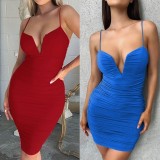 Women Summer Blue Modest V-neck Sleeveless Solid Velvet Pleated Midi Dress