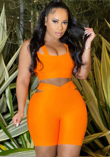 Women Summer Orange Casual Strap Sleeveless High Waist Solid Hollow Out Skinny Two Piece Shorts Set