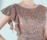 Women Summer Gold Modest O-Neck Short Sleeves Solid Sequined Mini Pencil Club Dress