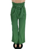 Women Spring Green Wide Leg Pants High Waist Solid Belted Full Length Loose Pants