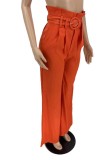 Women Spring Orange Wide Leg Pants High Waist Solid Belted Full Length Loose Pants