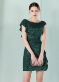 Women Summer Green Modest O-Neck Short Sleeves Solid Cascading Ruffle Mini Pencil Club Dress