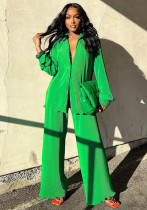Conjunto de pantalones de dos piezas sueltos sólidos de cintura alta con cuello vuelto informal verde primavera para mujer