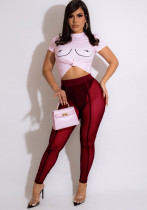 Frauen-Sommer-Burgunry-beiläufiger O-Ansatz mit kurzen Ärmeln mit hoher Taille und bedruckter dünner zweiteiliger Hose