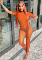 Set di pantaloni a due pezzi skinny a rete solida a vita alta a maniche corte con scollo a O arancione sexy estivo da donna