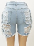 Women Summer Blue Straight High Waist Zipper Fly Solid Tassel Short Regular Jeans Shorts