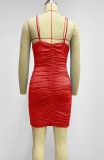 Women Summer Red Modest V-neck Sleeveless Solid Velvet Pleated Midi Dress