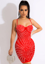 Frauen-Sommer-roter reizvoller Riemen-ärmellose feste Diamanten-Minibleistift-Verein-Kleid