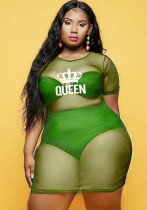 Frauen Sommer Grün Sexy O-Ausschnitt mit kurzen Ärmeln Bedrucktes Mesh Mini Etui Plus Size Hemdkleid