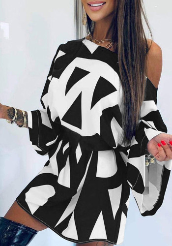 Women Summer Black Casual Slash Neck Full Sleeves Printed Midi Loose Shirt Dress