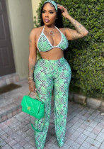 Conjunto de pantalones de dos piezas de talla grande regular con estampado de cintura alta sin mangas con correa sexy verde de verano para mujer