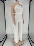 Women Summer White Modest Slash Neck Sleeveless Solid Hollow Out Full Length Loose Plus Size Jumpsuit