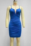 Women Summer Blue Modest V-neck Sleeveless Solid Velvet Pleated Midi Dress