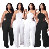 Women Summer Black Modest Slash Neck Sleeveless Solid Hollow Out Full Length Loose Plus Size Jumpsuit