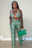 Women Summer Green Sexy Strap Sleeveless High Waist Printed Regular Plus Size Two Piece Pants Set
