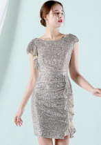 Damen Sommer Silber Bescheidener O-Ausschnitt mit kurzen Ärmeln Solid Cascading Ruffle Mini Pencil Club Dress