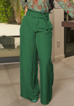 Damen Frühlingsgrün Hose mit weitem Bein, hohe Taille, solide Gürtel, lockere Hose in voller Länge