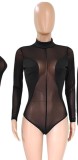 Women Summer Black Sexy Turtleneck Full Sleeves Patchwork Bodysuit