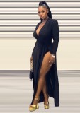 Women Summer Black Sexy V-neck Full Sleeves High Waist Solid Maxi Loose Plus Size Plus Size Long Dress