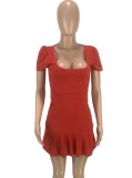 Women Summer Red Cute Square Collar Puff Sleeve Solid Pleated Mini Sheath Club Dress