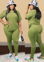 Conjunto de pantalones de dos piezas regulares sólidos de cintura alta de manga corta con cuello redondo informal verde de verano para mujer