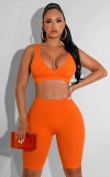 Women Summer Orange Casual V-neck Sleeveless High Waist Solid Skinny Two Piece Shorts Set