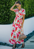 Women Summer Red Modest V-neck Short Sleeves Floral Print Belted Maxi Dress
